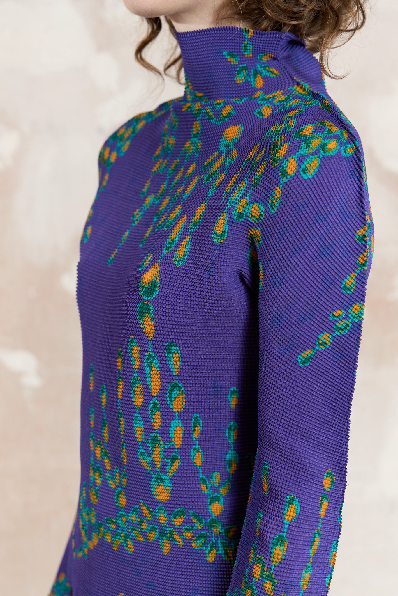 Issey Miyake Pleats Please purple high neck top with green and yellow print