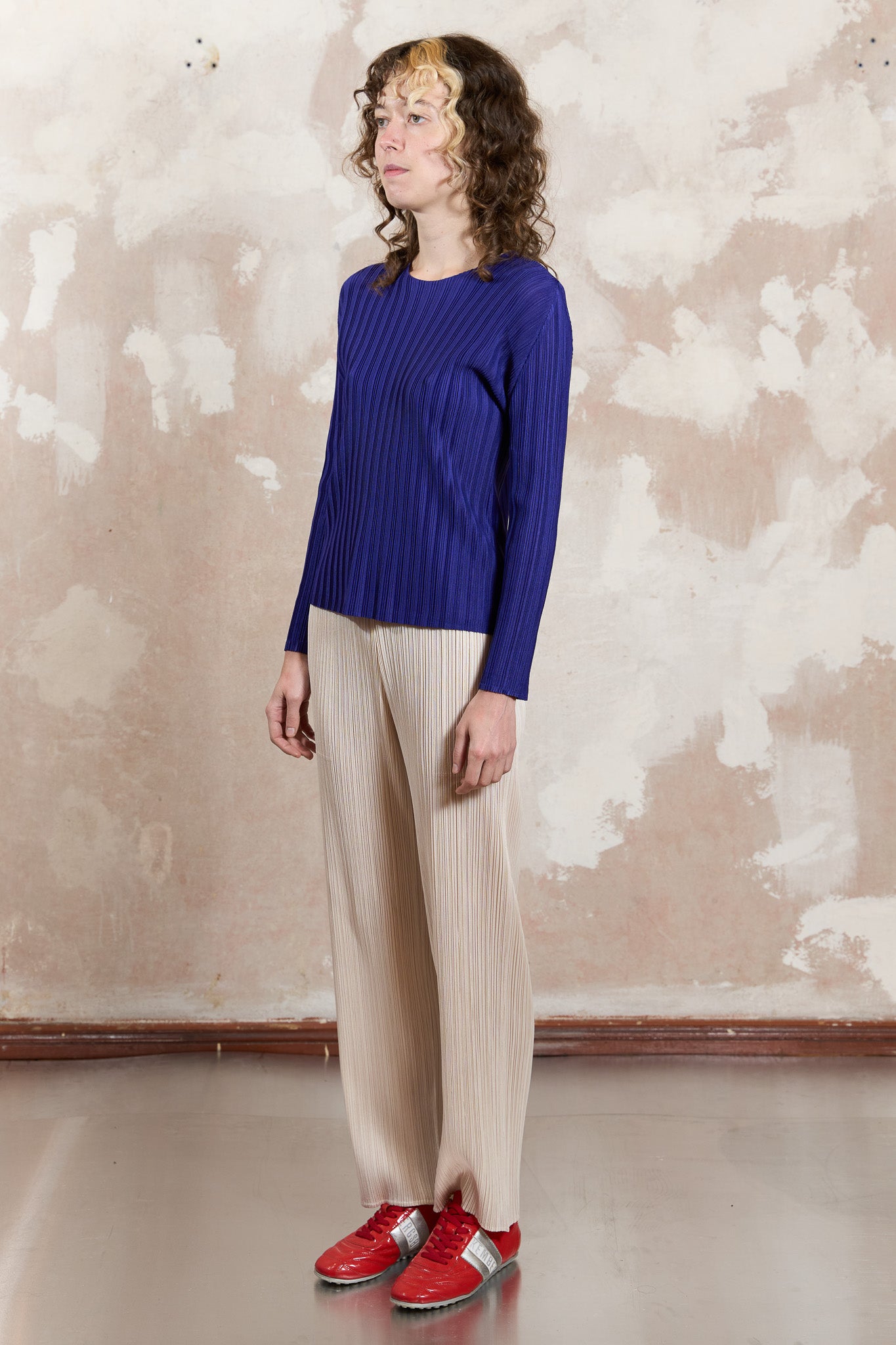 Issey Miyake Pleats Please round neck purple top