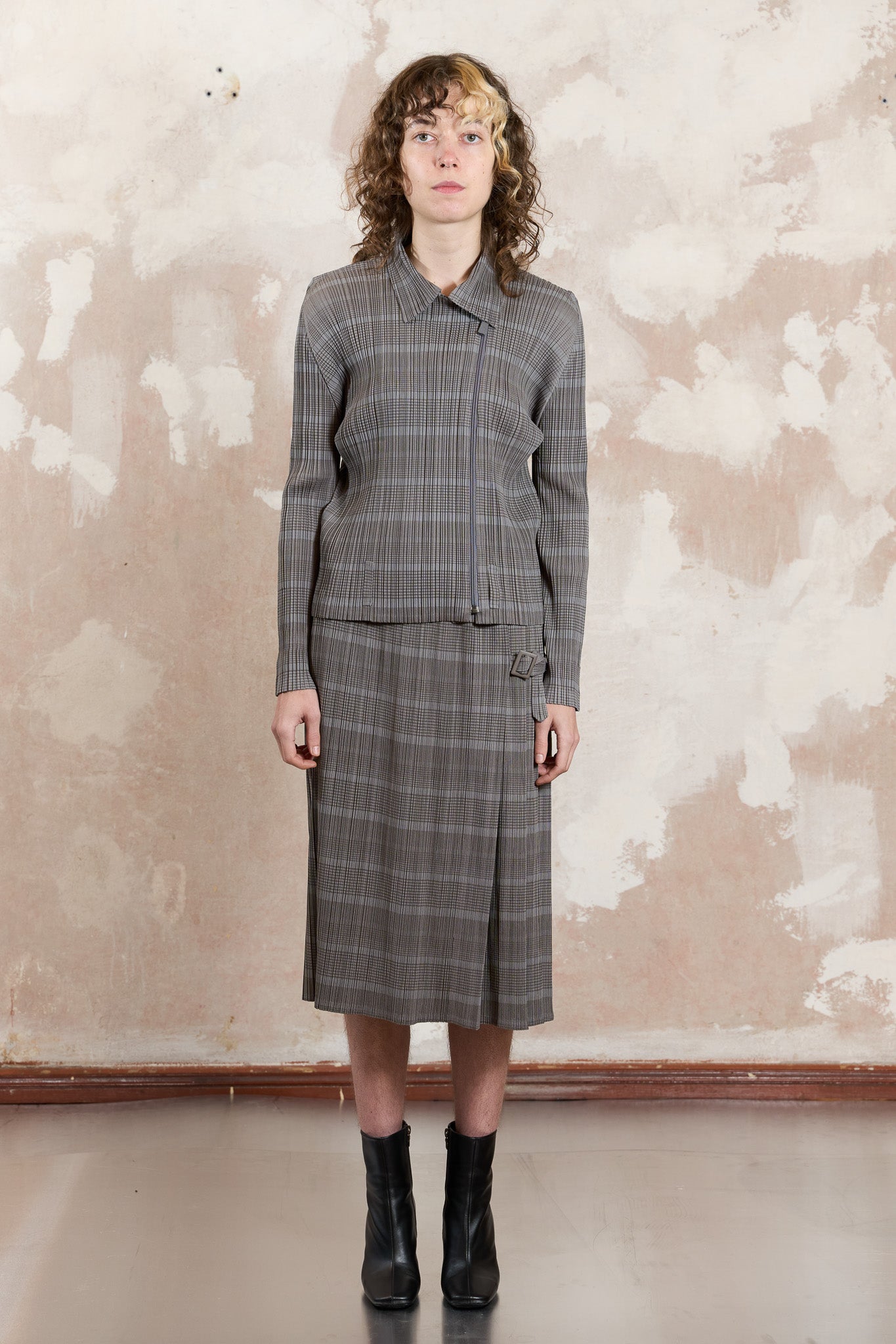 Issey Miyake Pleats Please gray zip up jacket with skirt set 2017