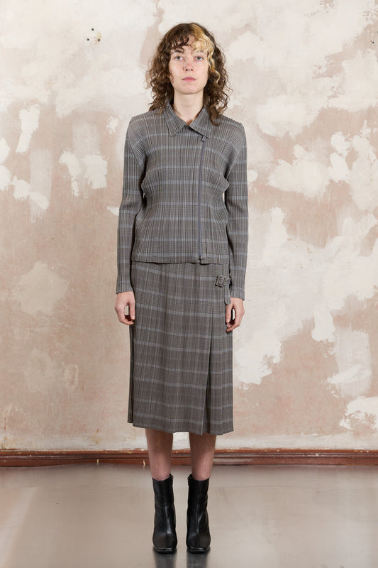 Issey Miyake Pleats Please gray zip up jacket with skirt set 2017