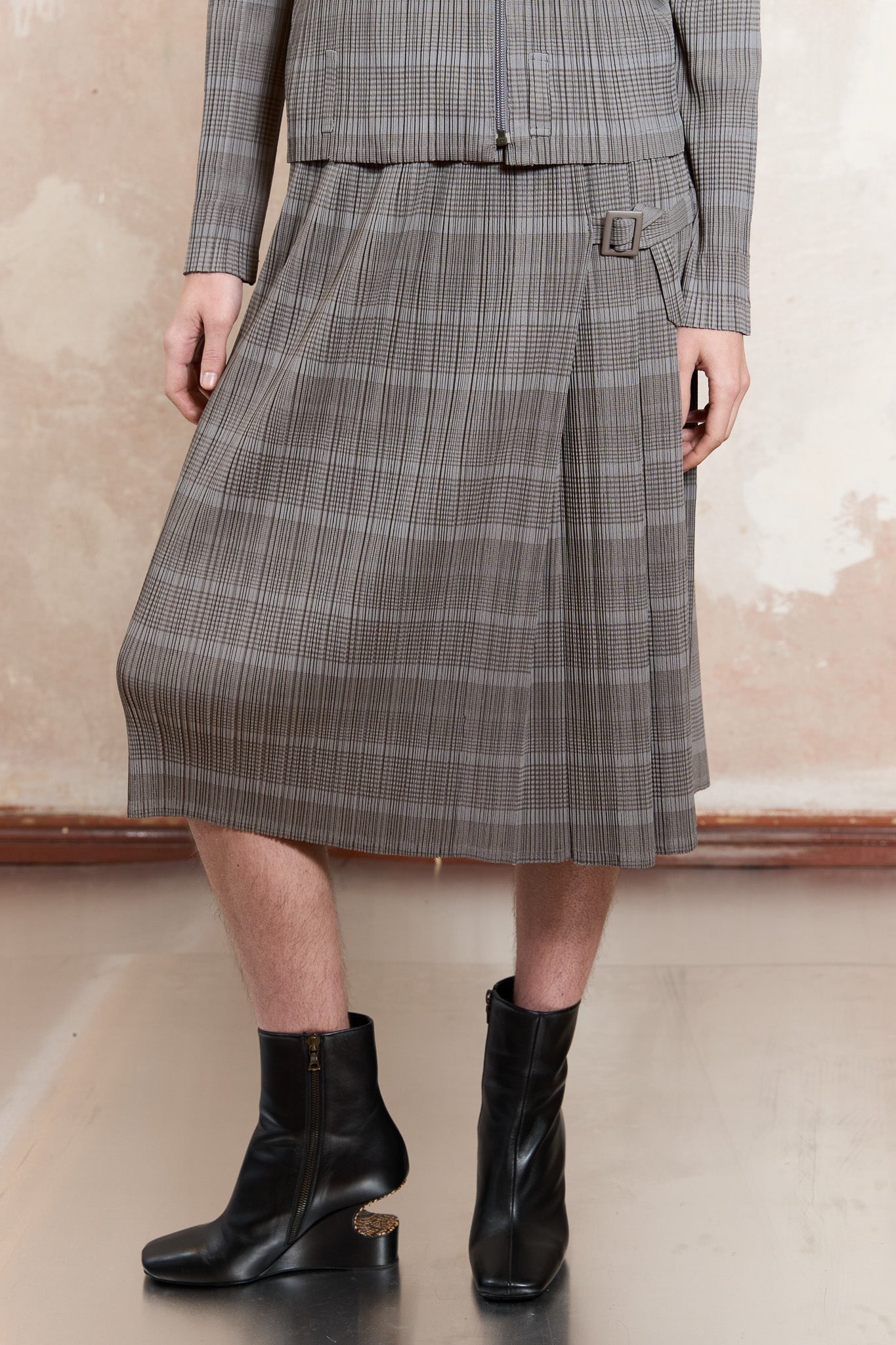 Issey Miyake Pleats Please gray zip up jacket with skirt set 2017