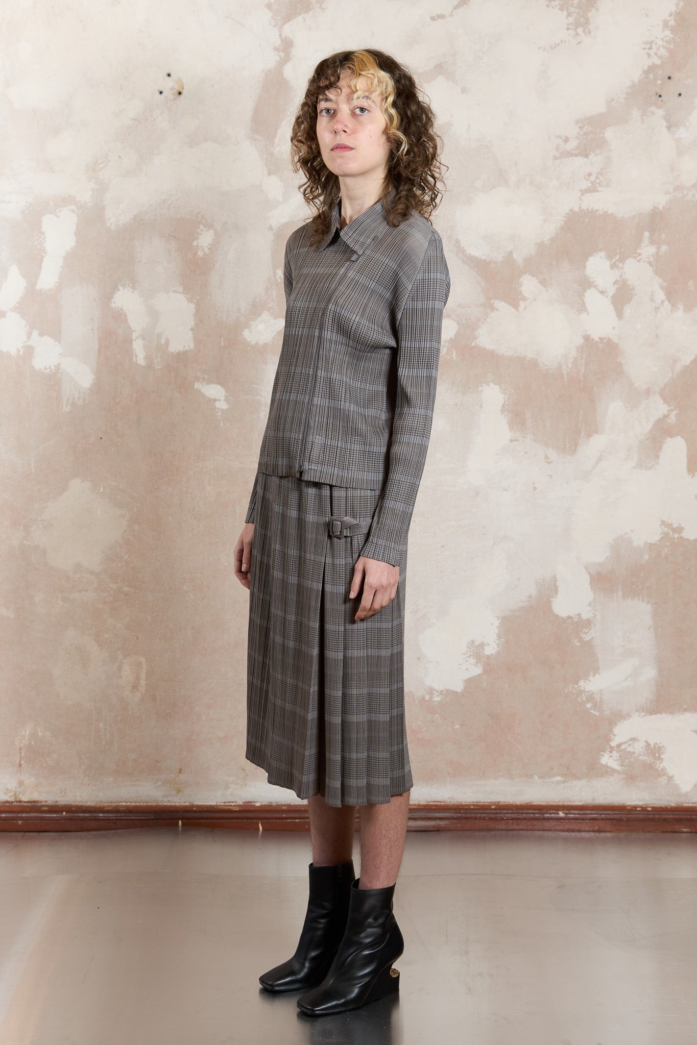Issey Miyake Pleats Please gray zip up jacket with skirt set 2017