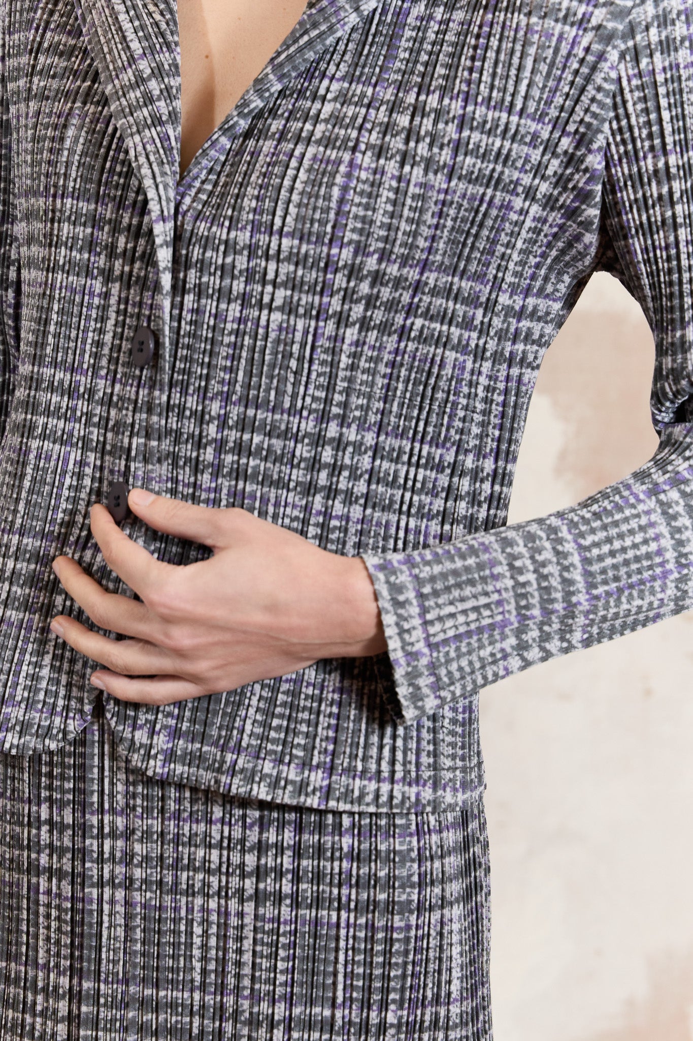 Issey Miyake Pleats Please Trompe-l'œil plaid houndstooth blazer and skirt 2003