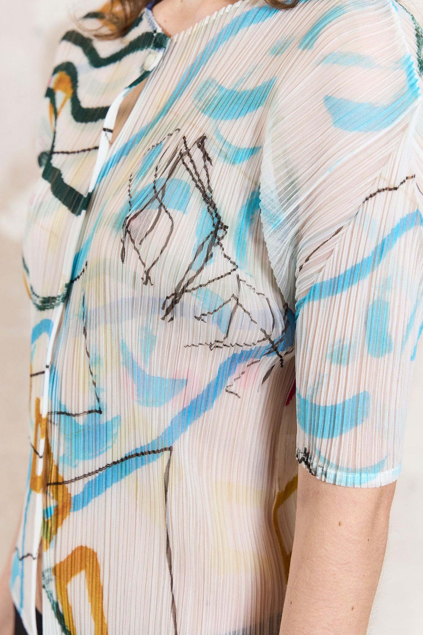 Issey Miyake Pleats Please white sheer blouse with graffiti pattern, 2012