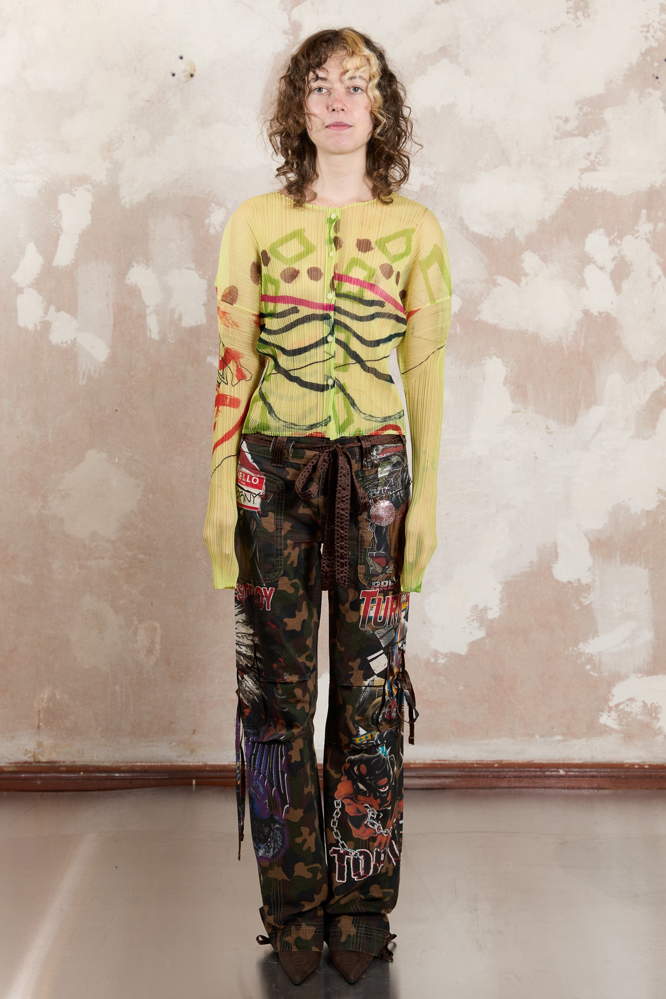 Pleats Please lime sheer blouse with graffiti pattern 2012