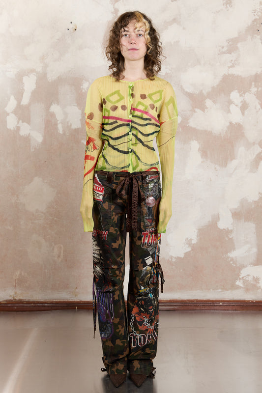 Pleats Please lime sheer blouse with graffiti pattern 2012