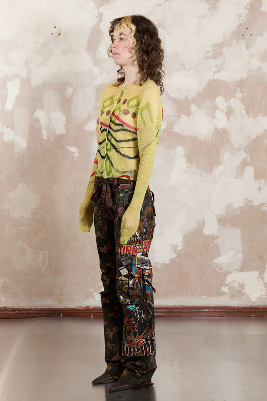 Pleats Please lime sheer blouse with graffiti pattern 2012