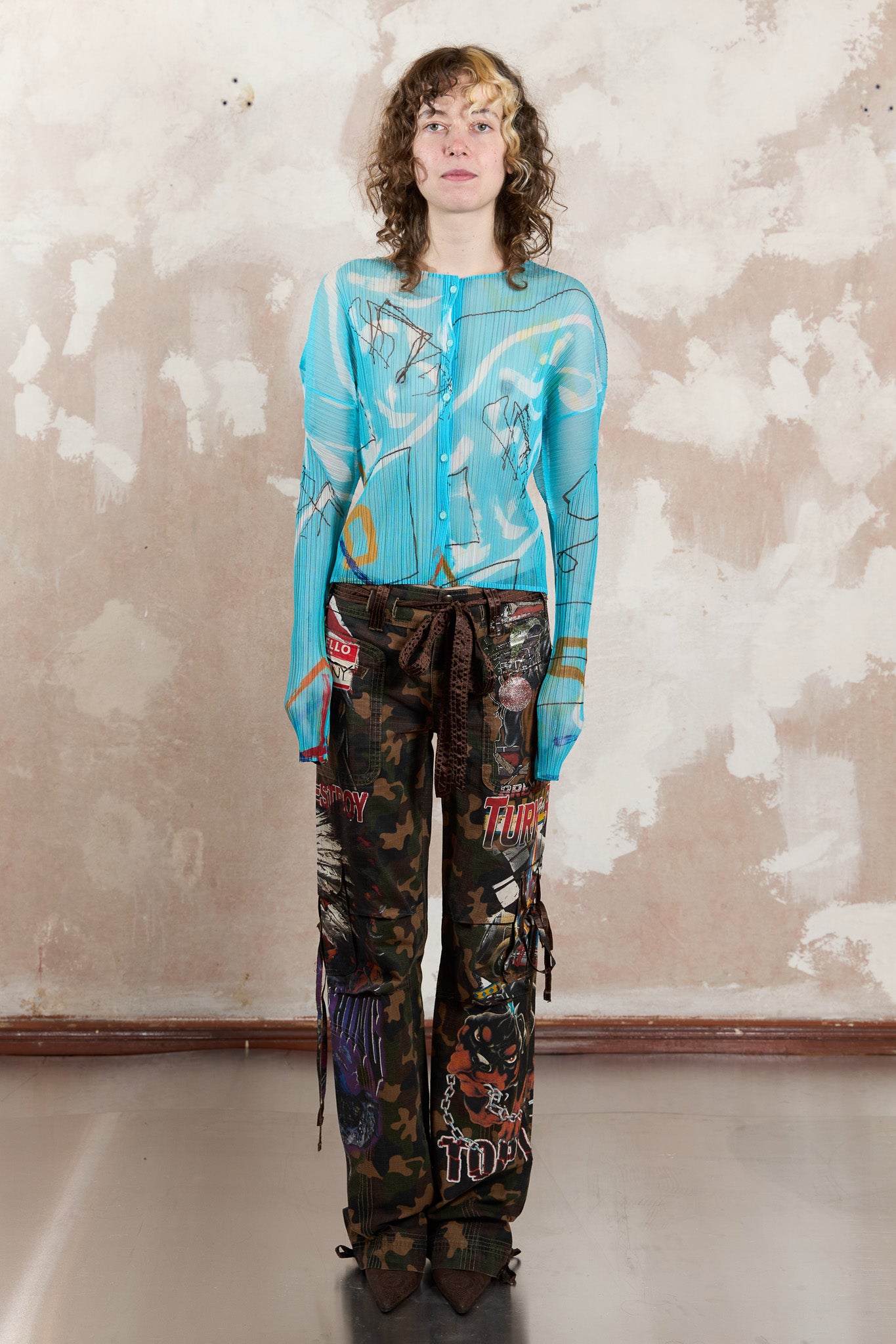 Pleats Please light blue sheer blouse with graffiti pattern 2012