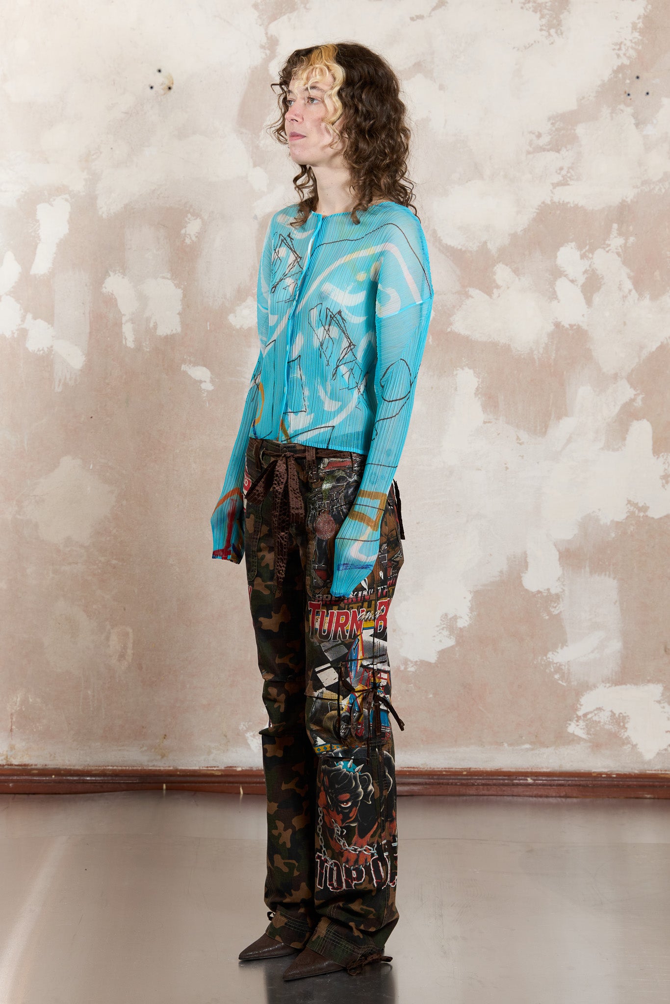Pleats Please light blue sheer blouse with graffiti pattern 2012