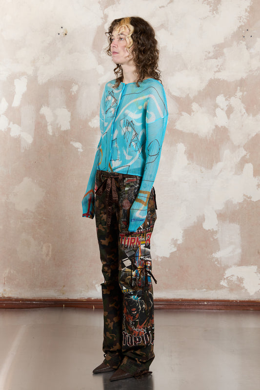 Pleats Please light blue sheer blouse with graffiti pattern 2012