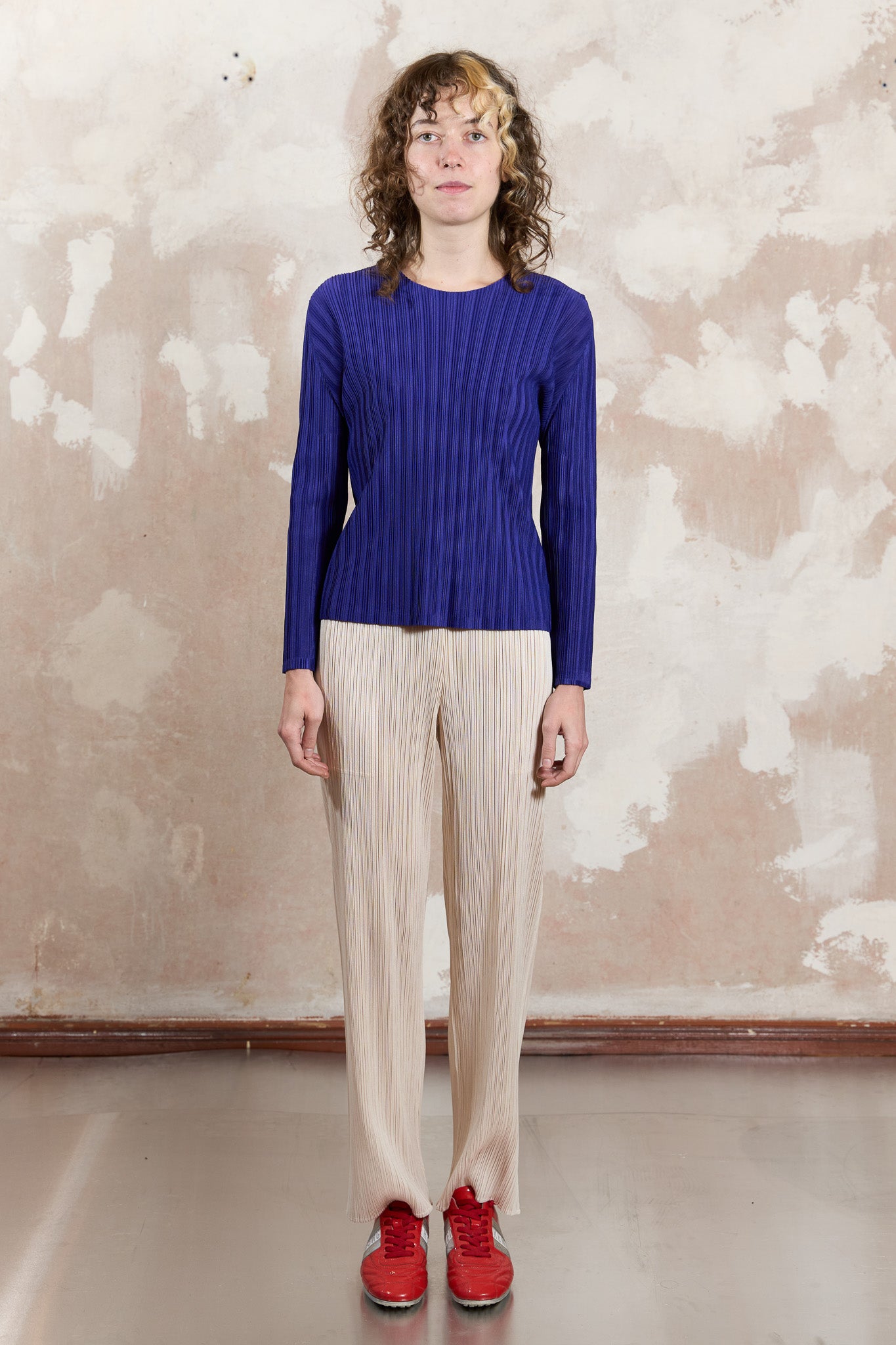 Issey Miyake Pleats Please round neck purple top