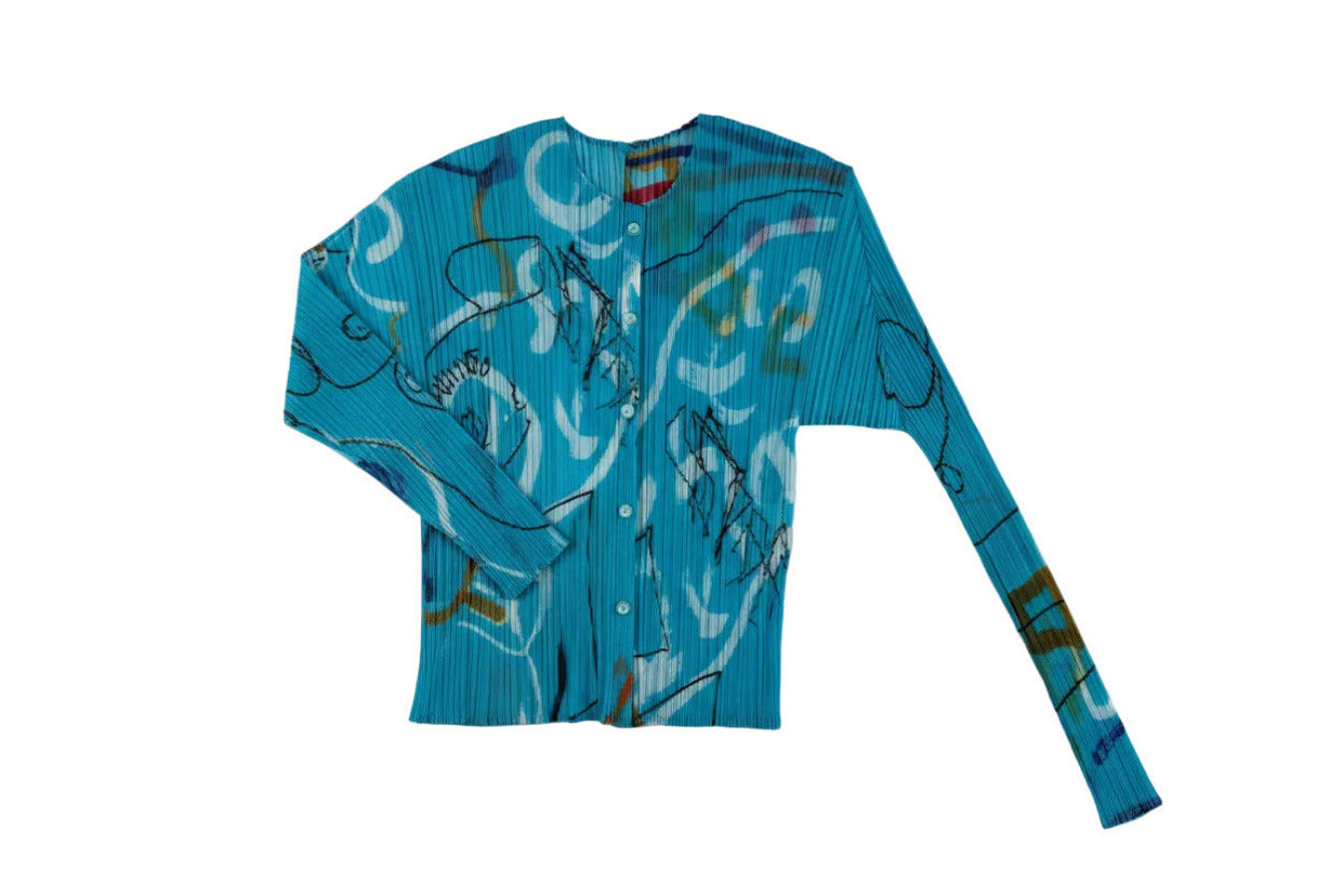 Pleats Please light blue sheer blouse with graffiti pattern 2012