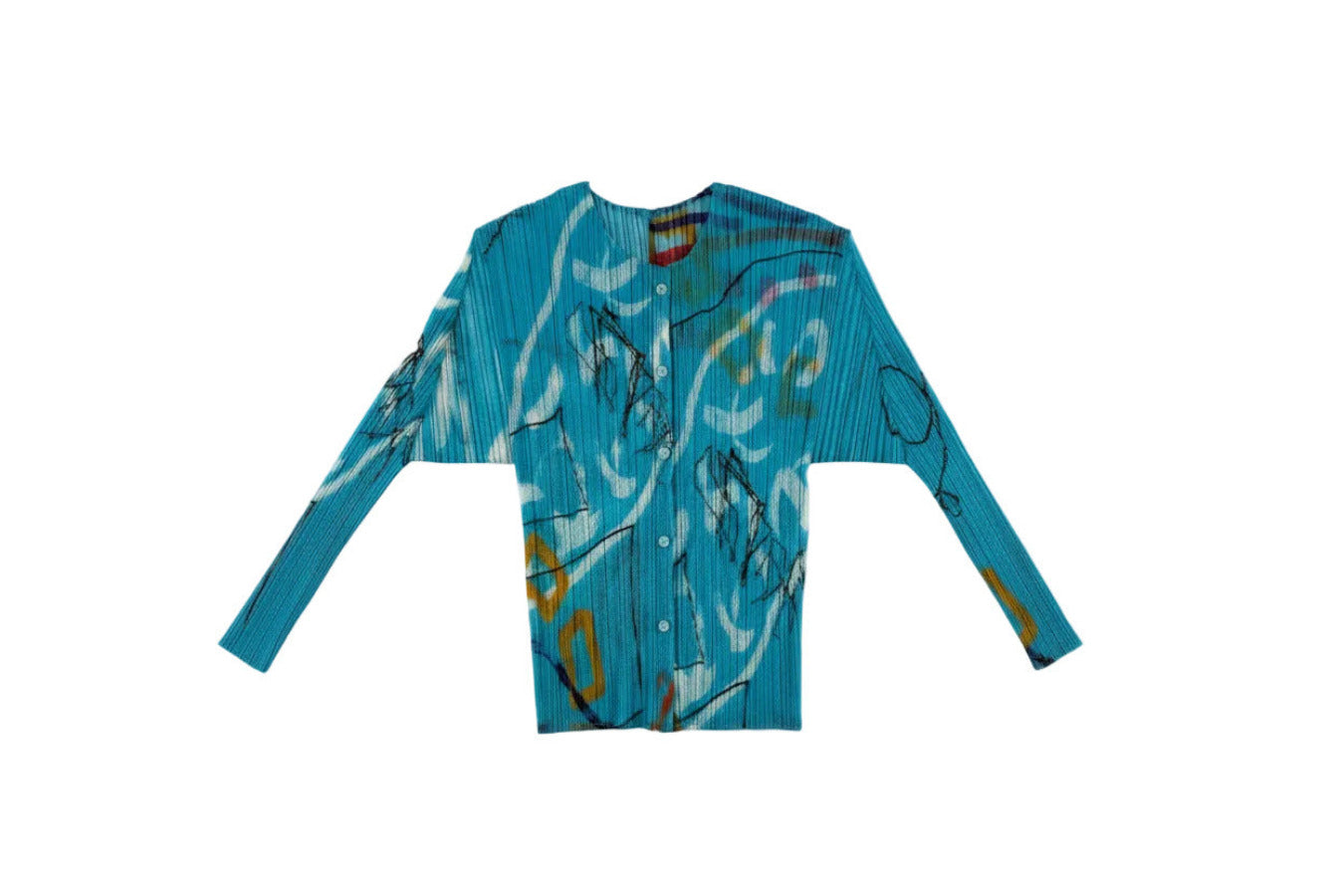 Pleats Please light blue sheer blouse with graffiti pattern 2012