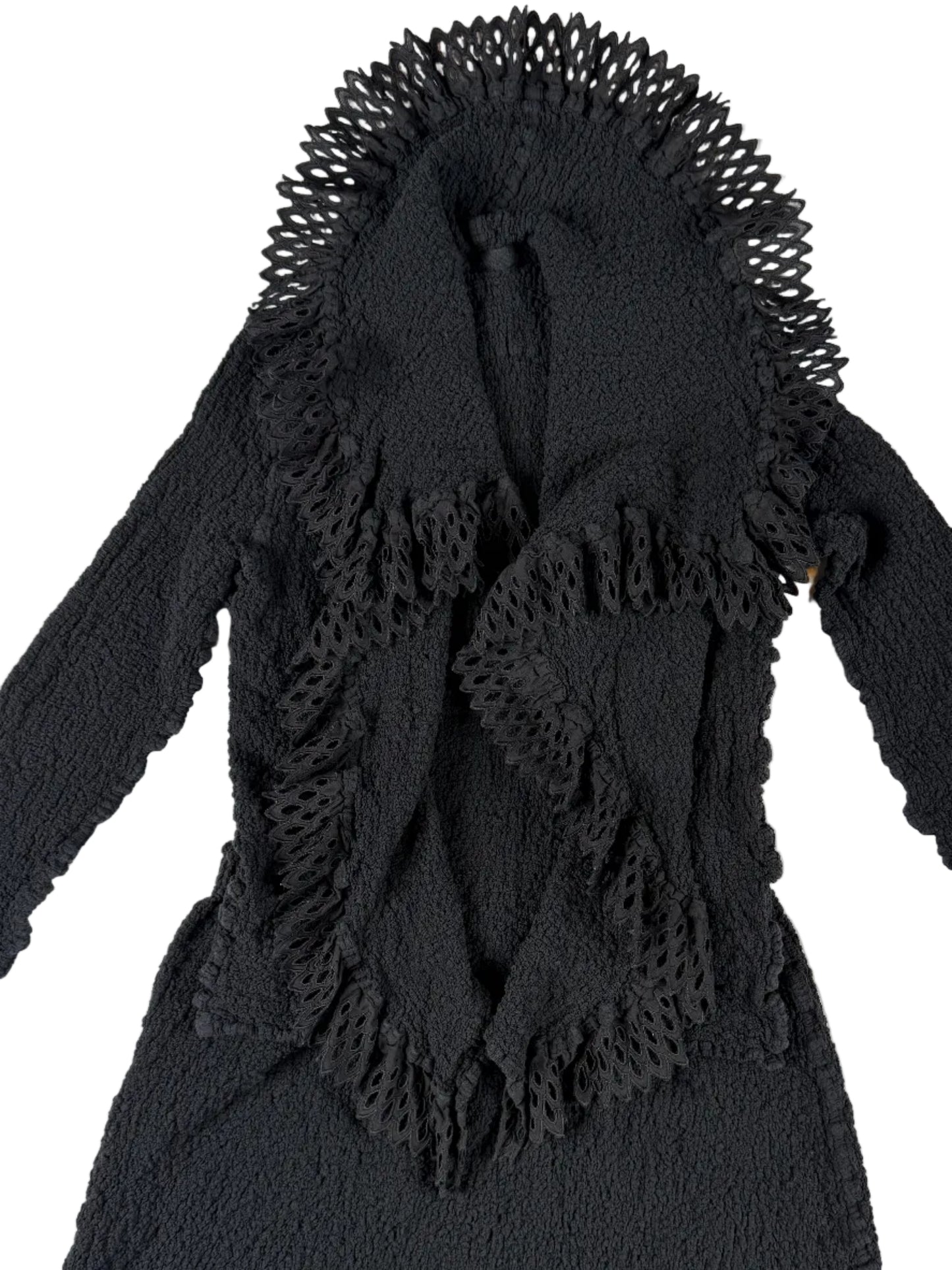 Rare blazer and skirt set tailored from black pleated fabric finished with doily ruffles 2008