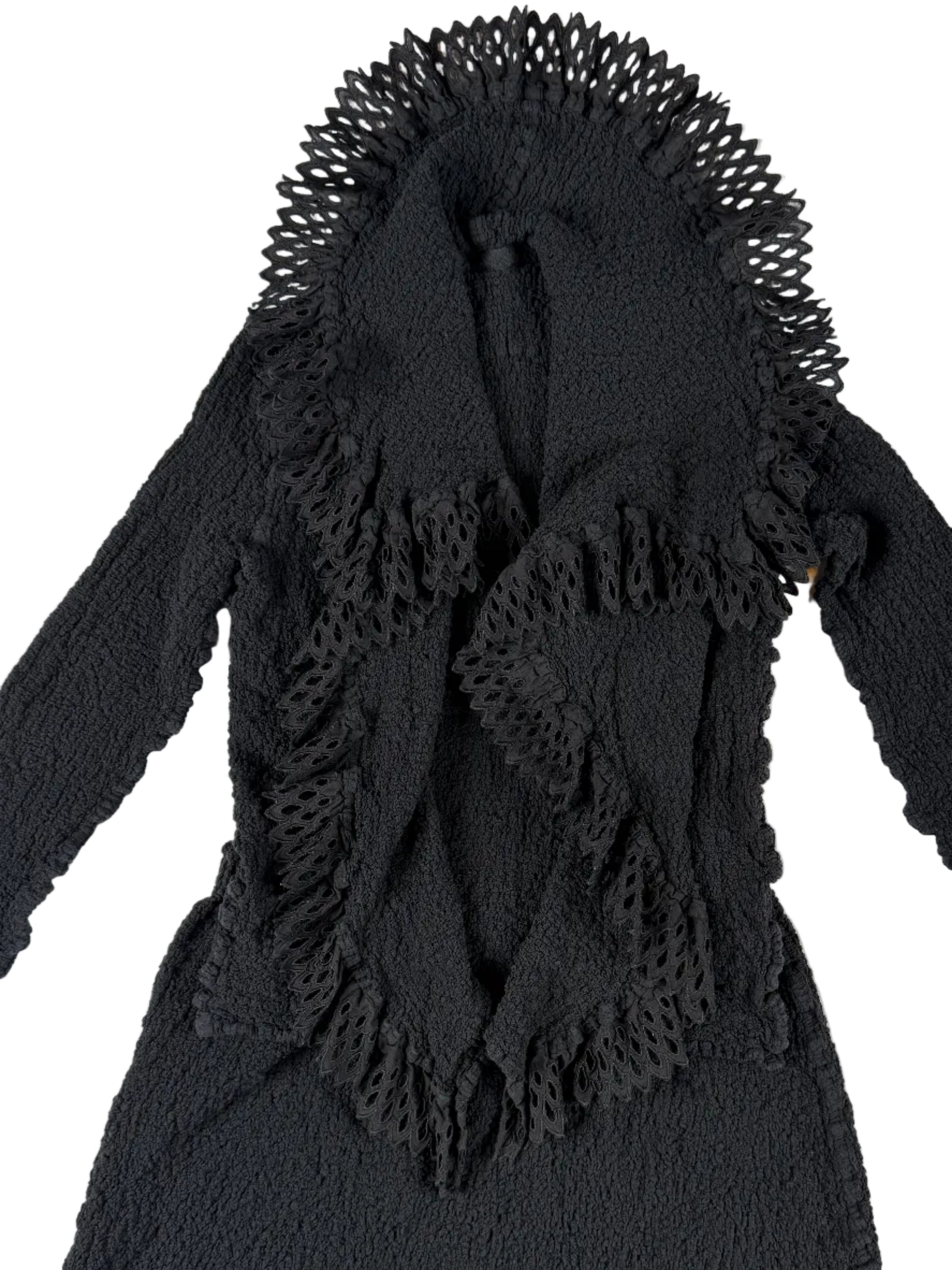 Rare blazer and skirt set tailored from black pleated fabric finished with doily ruffles 2008