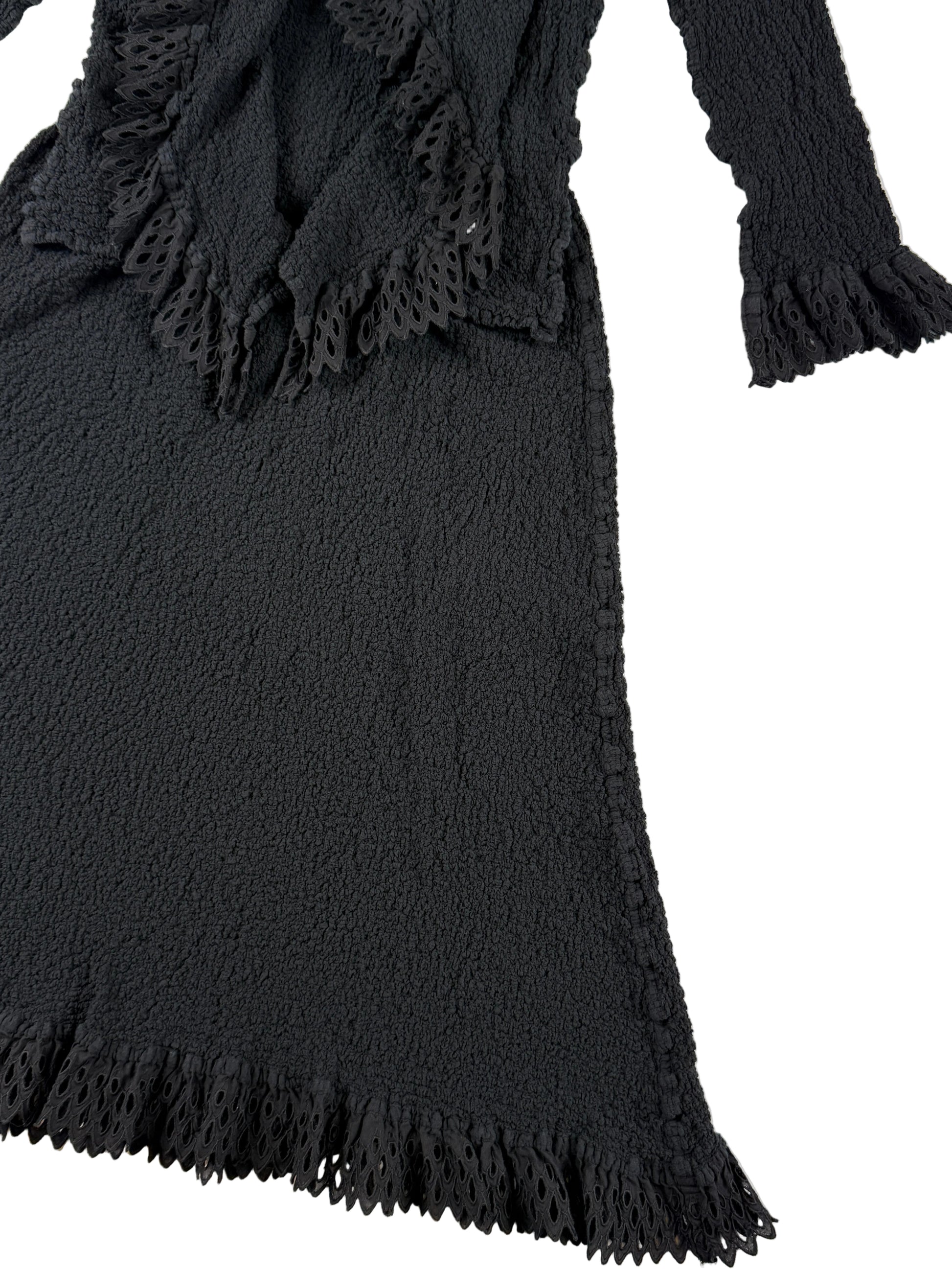 Rare blazer and skirt set tailored from black pleated fabric finished with doily ruffles 2008
