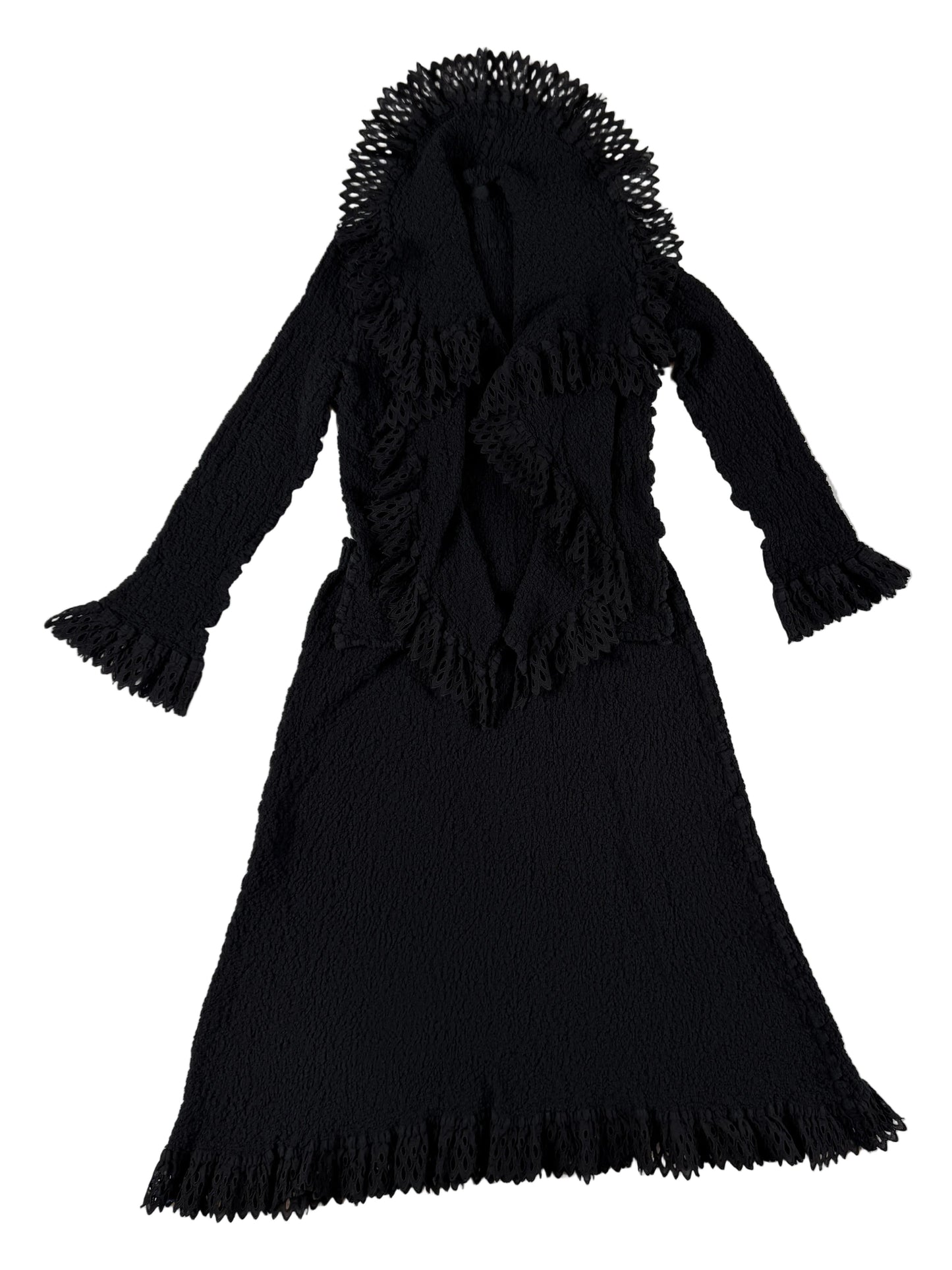 Rare blazer and skirt set tailored from black pleated fabric finished with doily ruffles 2008