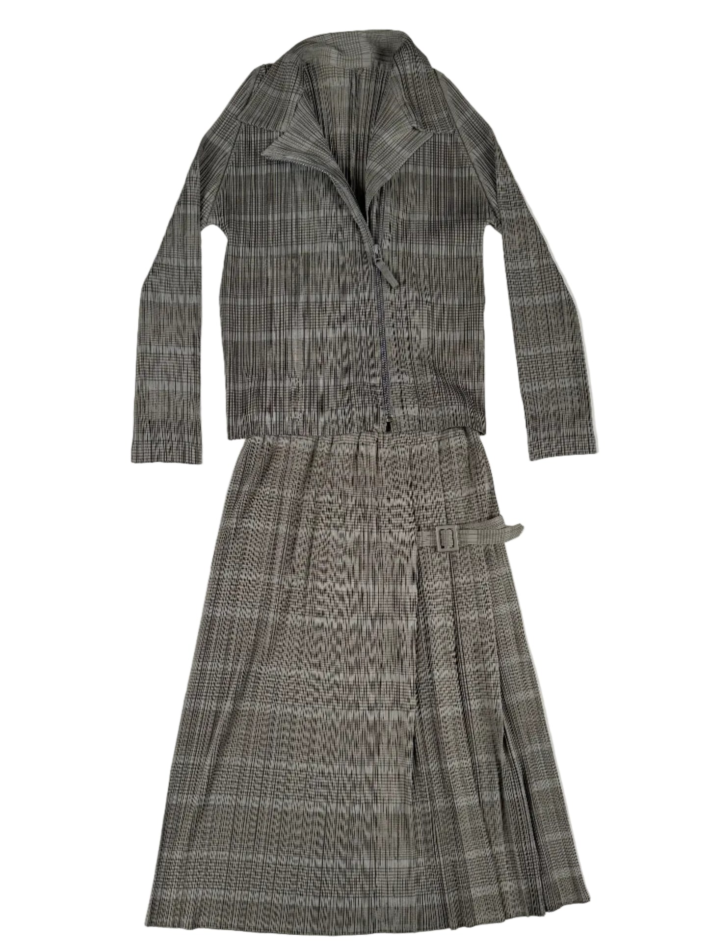 Issey Miyake Pleats Please gray zip up jacket with skirt set 2017