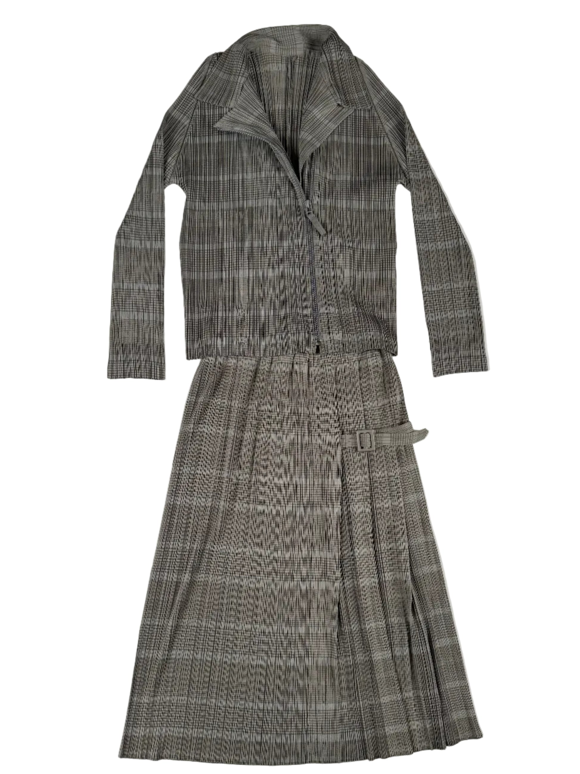 Issey Miyake Pleats Please gray zip up jacket with skirt set 2017