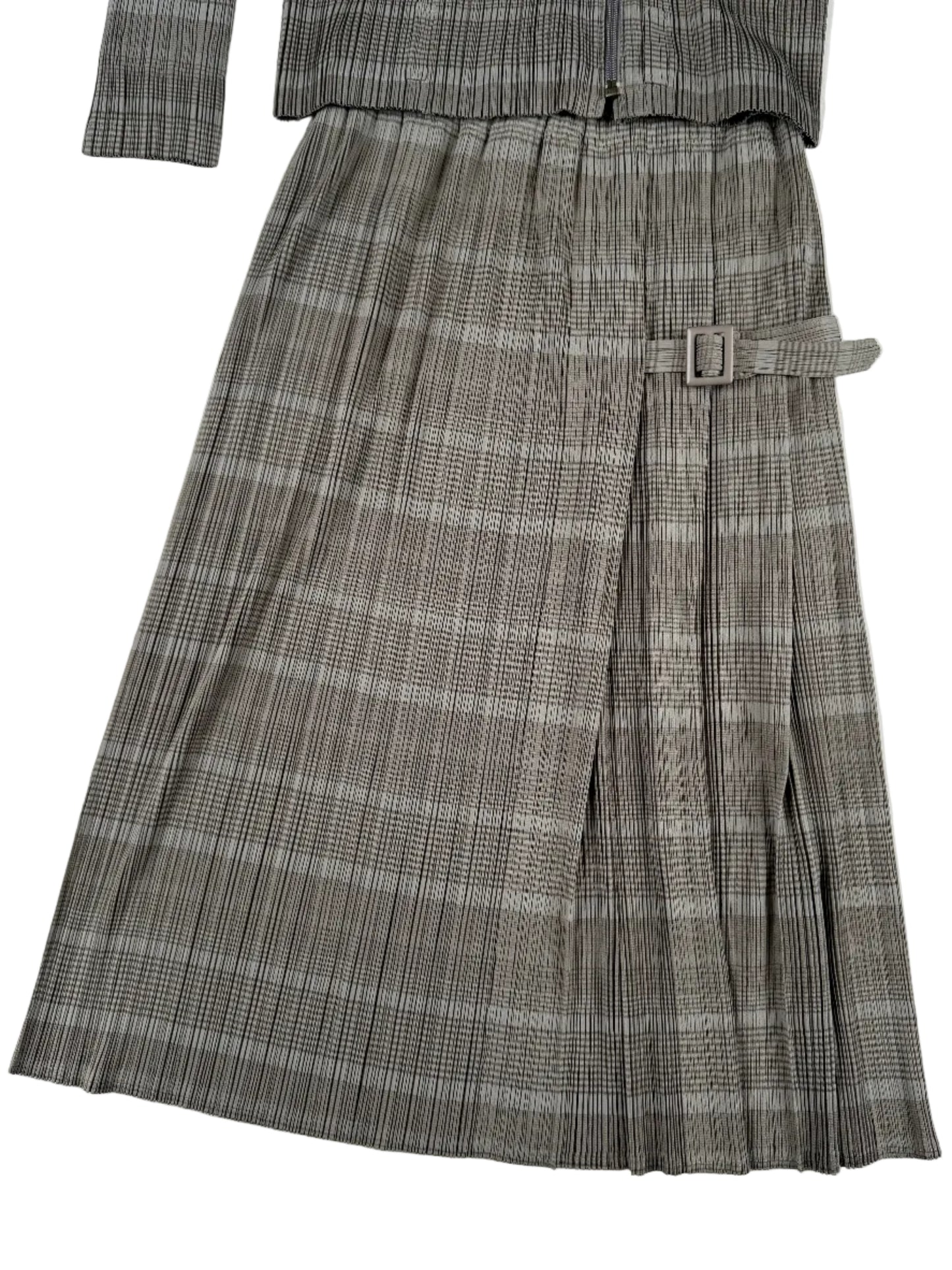 Issey Miyake Pleats Please gray zip up jacket with skirt set 2017
