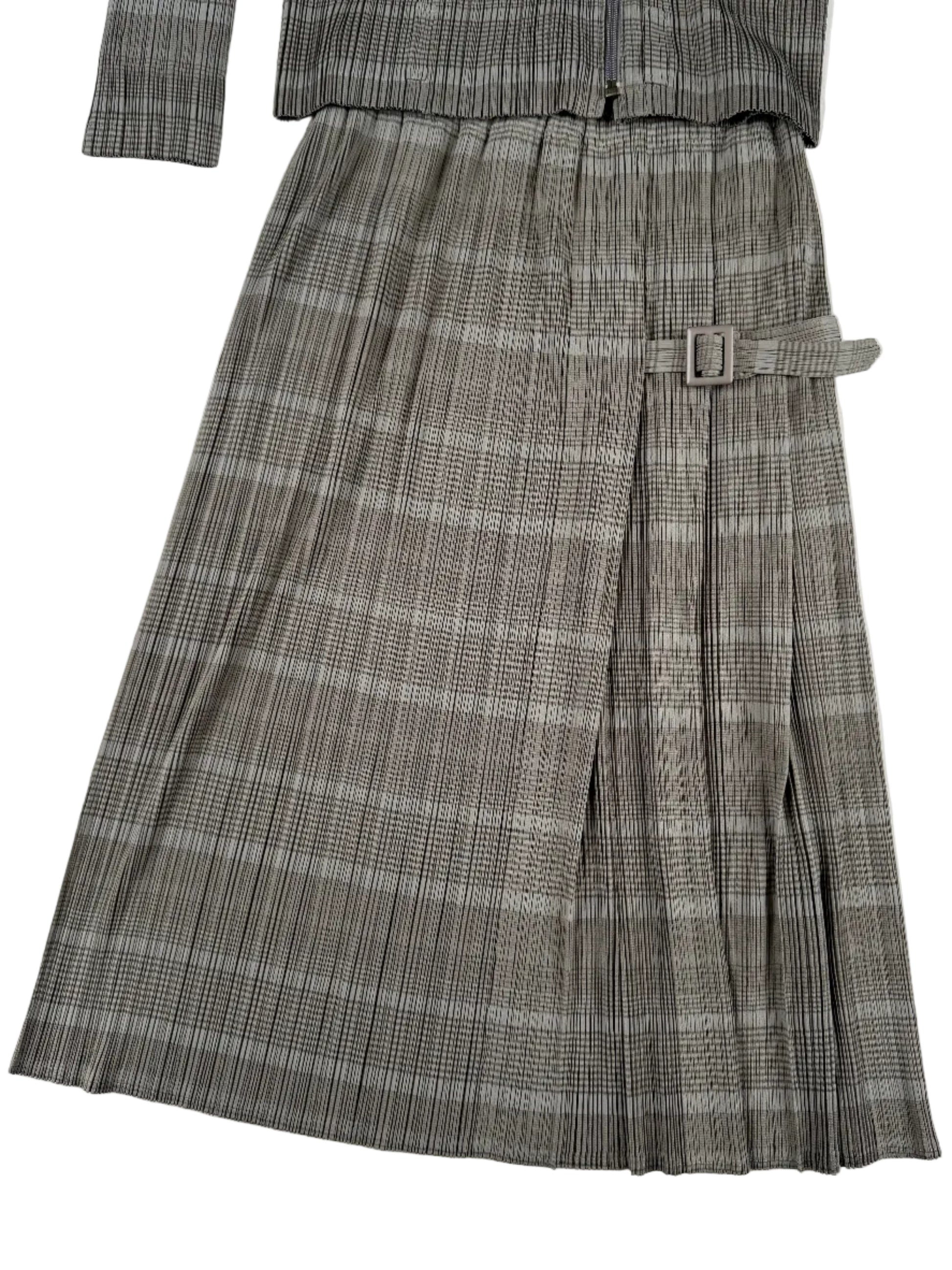 Issey Miyake Pleats Please gray zip up jacket with skirt set 2017