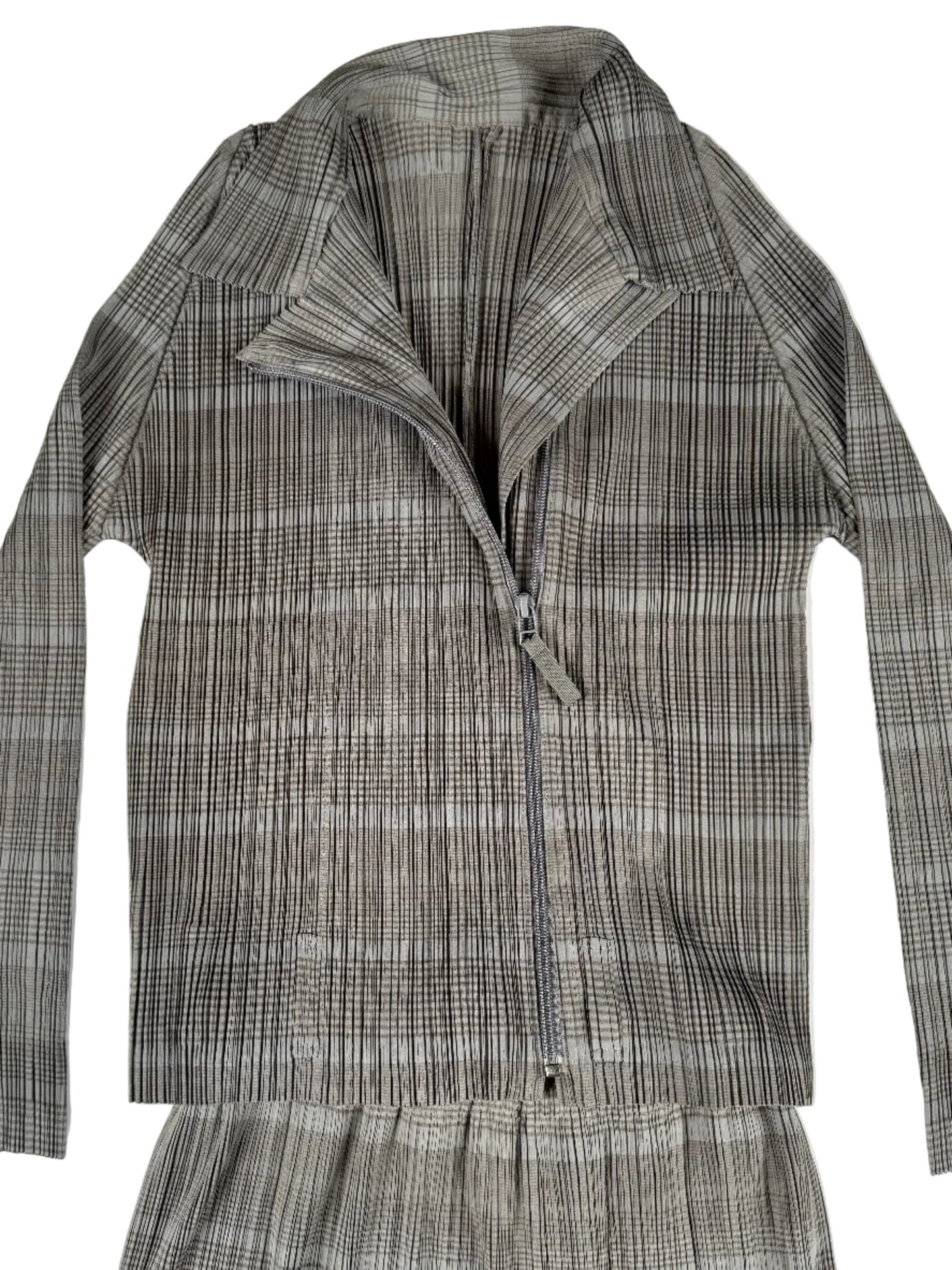 Issey Miyake Pleats Please gray zip up jacket with skirt set 2017