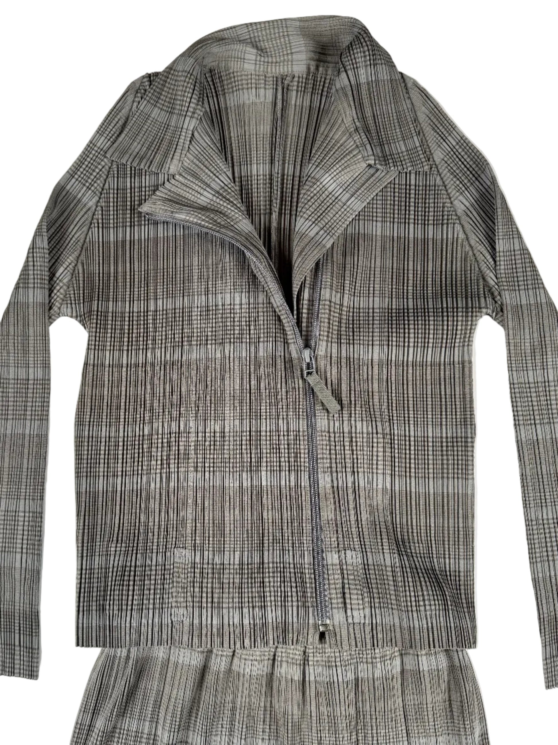 Issey Miyake Pleats Please gray zip up jacket with skirt set 2017
